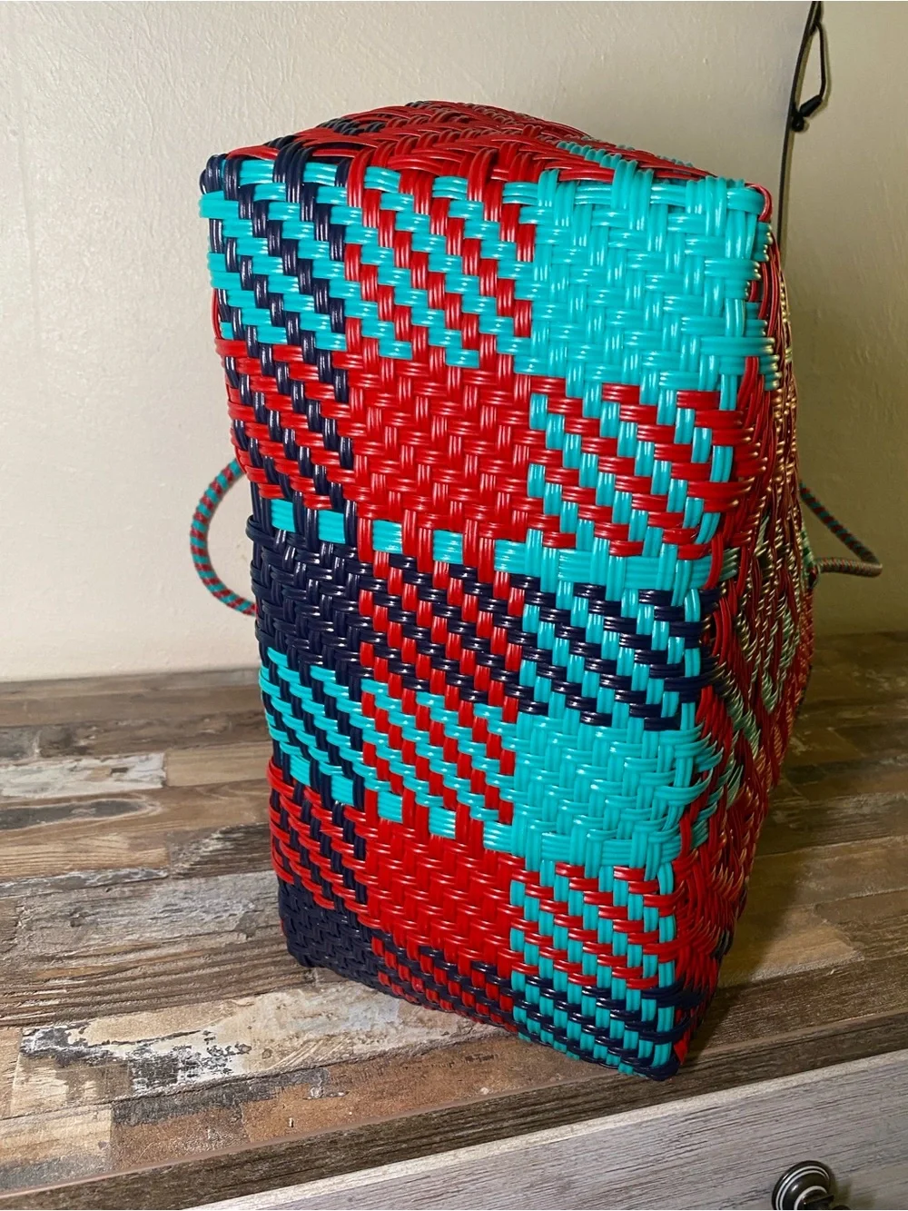 Maria Victoria Braided Geometric Tote in Red, Teal & Black